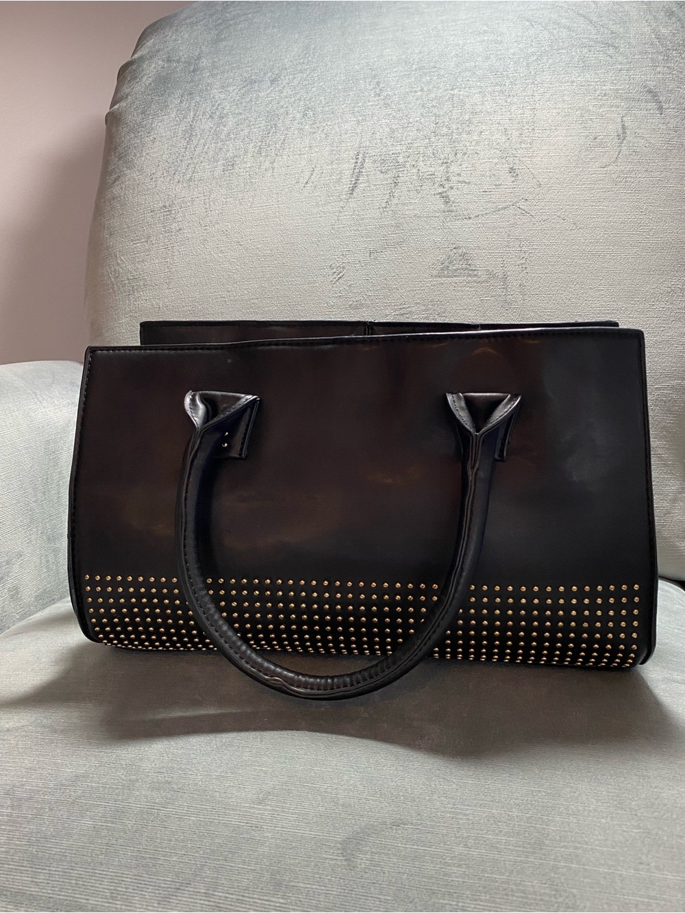 BCBG Paris Black Satchel with Gold Stud Accents, dual handles, EUC - Picture 6 of 17